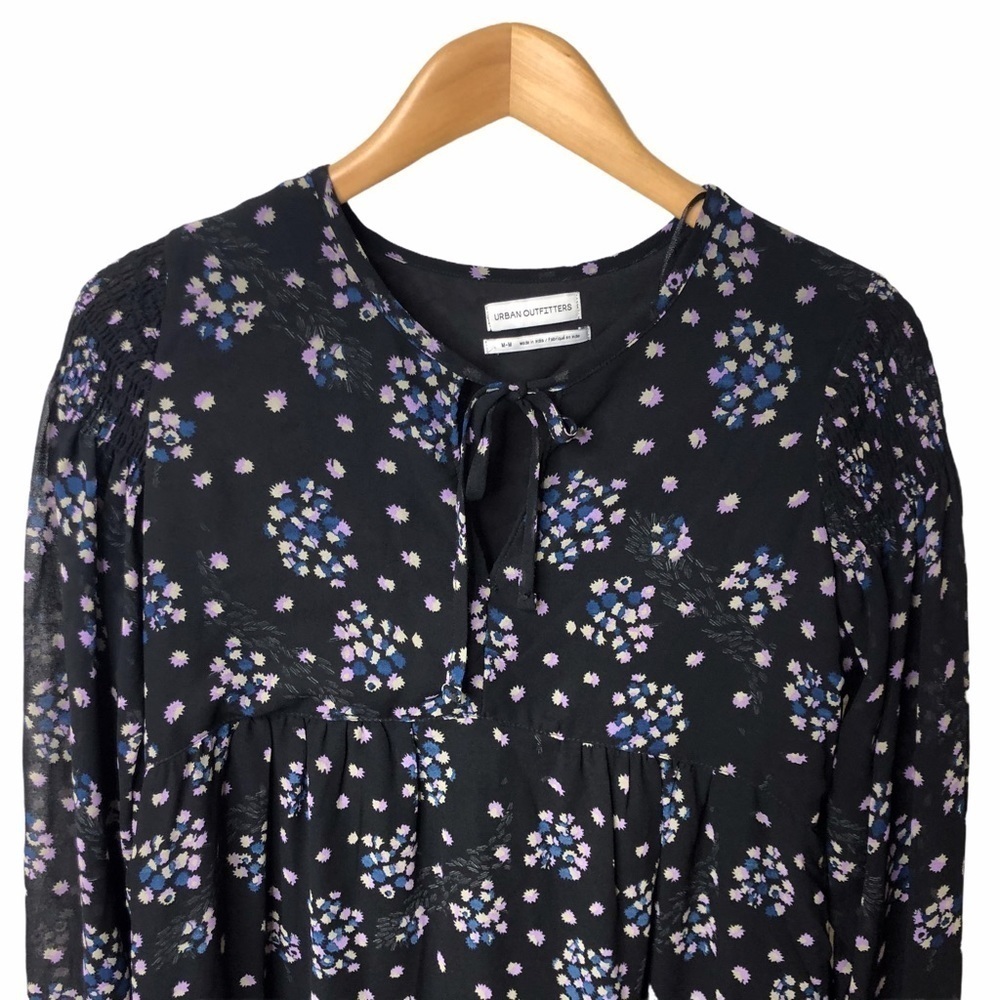 Urban Outfitters Floral Print Ruffled Dress Long Sleeve Black Size Medium - Picture 2 of 8